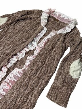 POL NWOT Chenille Brown Cable Knit Cardigan with Pink Lace Trim